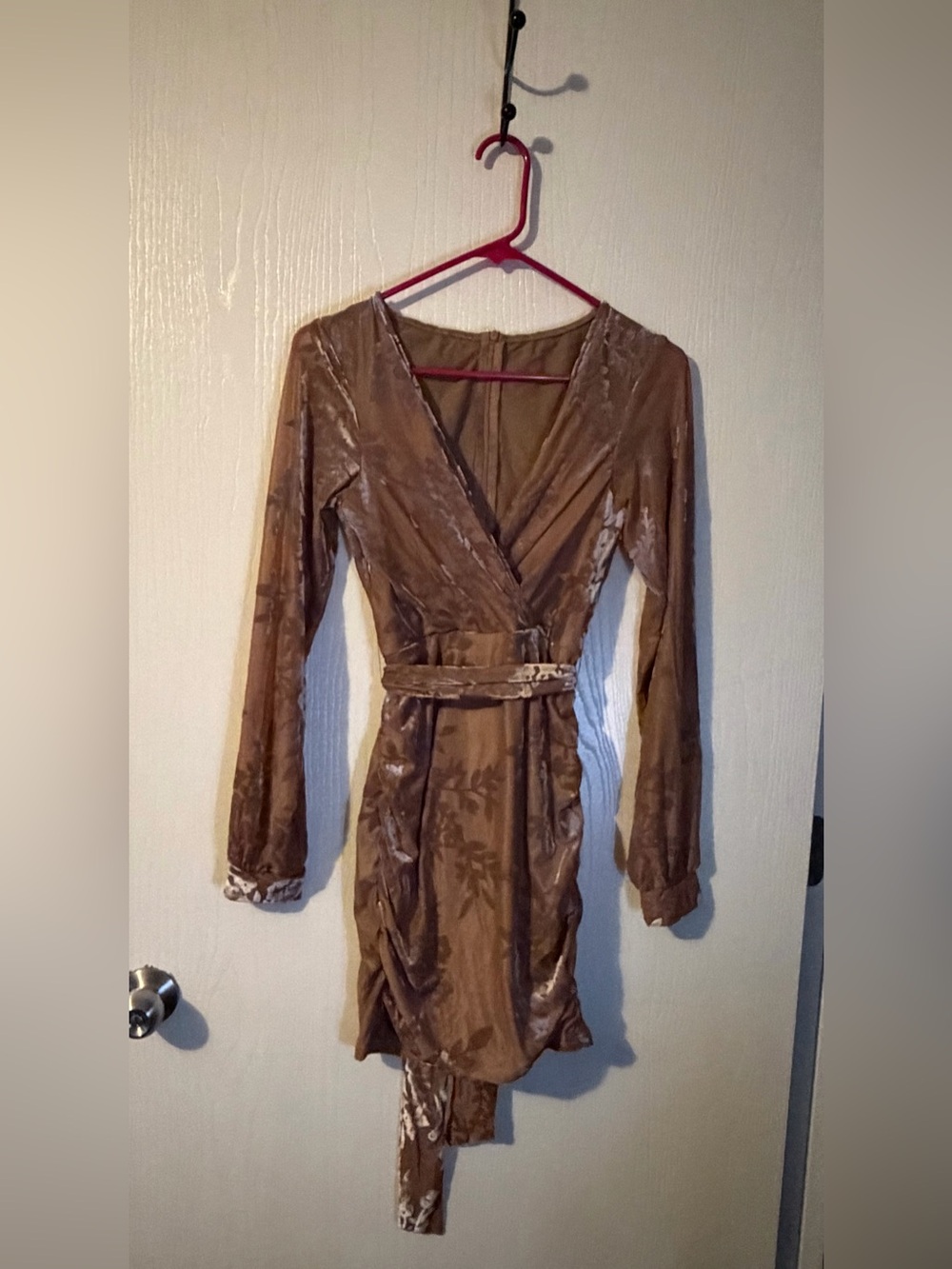 Women's Deep V Neck Ruched Dress in Taupe Size Small